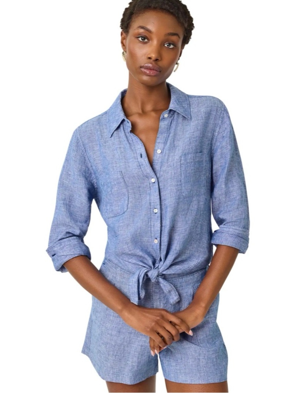 Lilly Pulitzer Sea View Linen in Beckon Blue Button-Down Linen Shirt. XS